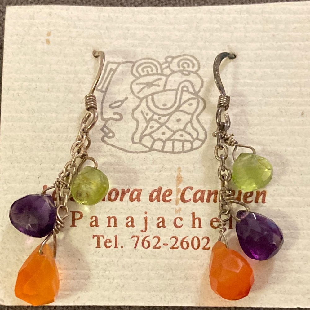 Agate, peridot, amethyst earring on silver